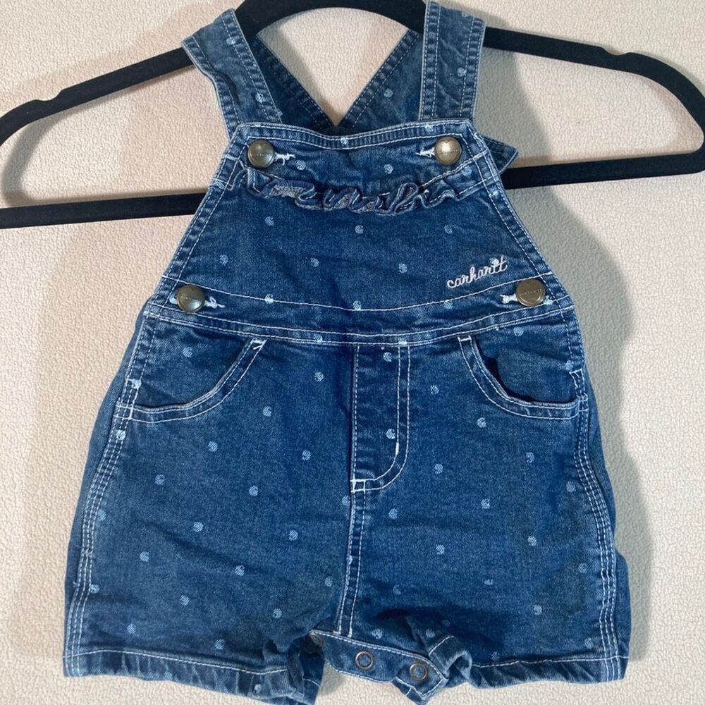 Carhartt Overall Shorts 12M Denim Snap Straps Polka Dot Ruffle Detail Pockets